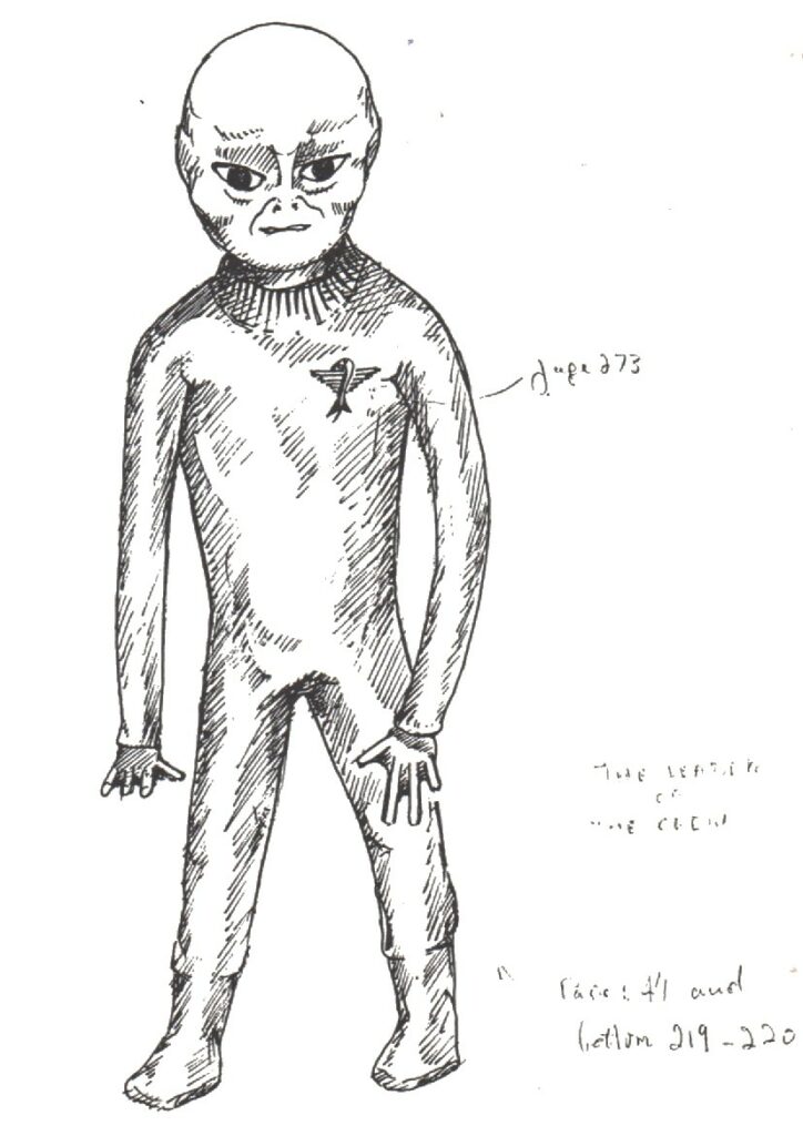 Dessin réalisé dans le deuxième livre, représentant un être de Zeta Reticuli en entier avec sa combinaison.