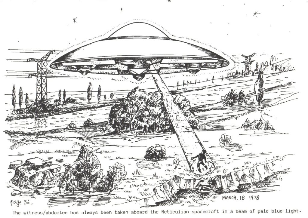 Dessin du deuxième livre (update), représentant l’enlèvement de Bill Hermann par le vaisseau de Zeta Reticuli, du 18 mars 1978 et le lieu où cela a eu lieu.