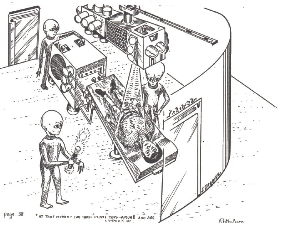 Dessin du deuxième livre (update) relatant la même scène du 18 mars 1978, sur la table d’examen dans le vaisseau de Zeta Reticuli.