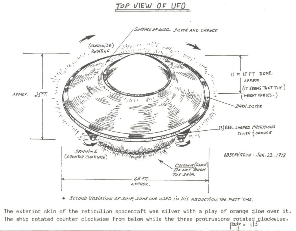 Dessin du deuxième livre, avec explicatif du dessus de l’appareil de Zeta Reticuli observé le 22 janvier 1978 par Herrmann.