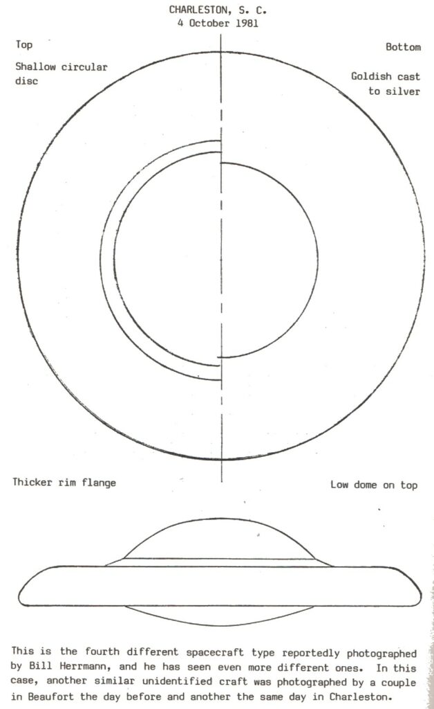 Il s’agit du quatrième type d’engin spatial de Zeta Reticuli différent photographié par Bill Herrmann, et il en a vu encore d’autres. Dans ce cas, un autre engin non identifié similaire a été photographié par un couple à Beaufort la veille, et un autre le même jour à Charleston.