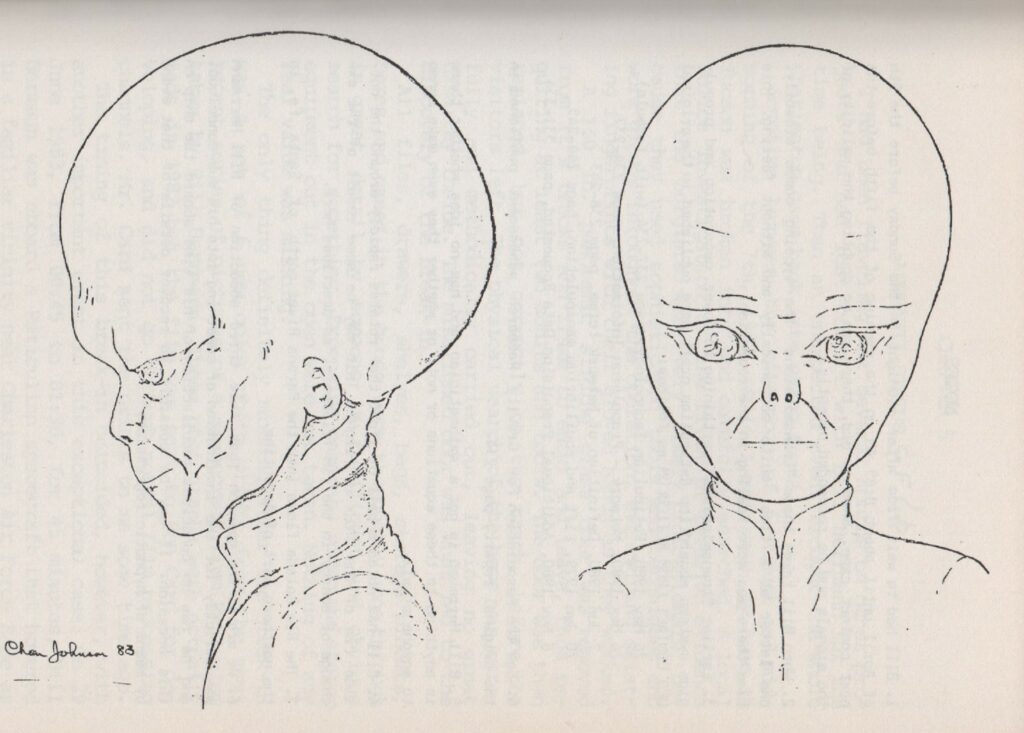 Représentation des êtres de Zeta Reticuli selon le concept de l’illustrateur Chan Johnson pour le livre de Wendelle Stevens sur le cas du contact avec William Herrmann.