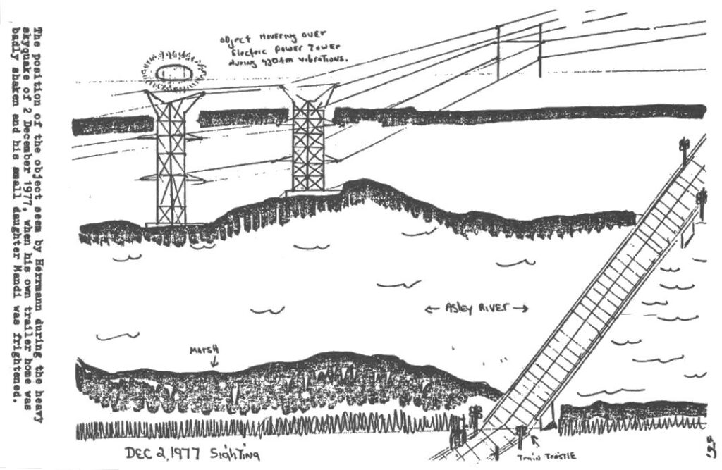 Dessin de l’observation du 2 décembre 1977. Le vaisseau était positionné ainsi lorsqu'un très fort bang produisant une secousse aérienne dans le ciel fut perçu, qui a secoué aussi assez fortement son mobilhome et a effrayé sa fille Mandi.