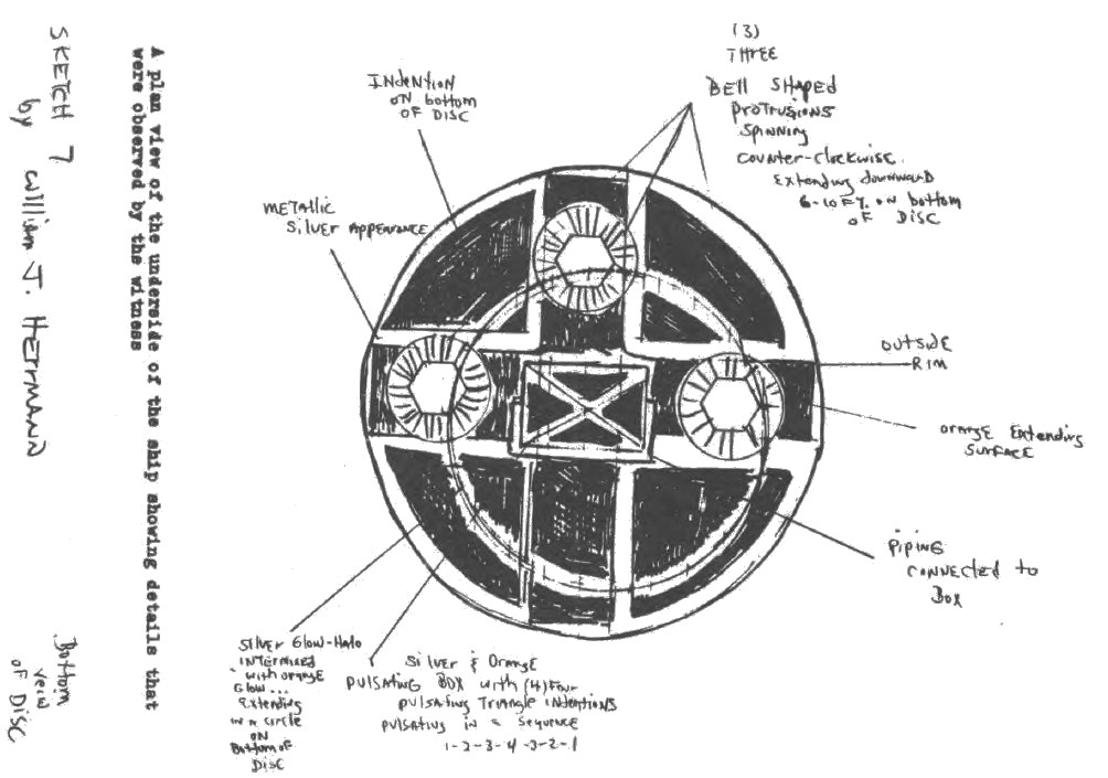 Dessous de l’appareil tel qu’observé par Herrmann à plusieurs reprises y compris le 22 janvier 1978. On y observe une boite pulsante de couleur orange et argent contenant 4 triangles pulsant selon des séquences de nombres de pulsation 1-2-3-4-3-2-1. Des sortes de tube sont visibles connectés à la boite séparant les zones triangulaires. Les protusions circulaires tournent dans le sens inverse des aiguilles d’une montre. Un halo lumineux argenté intermittent avec un éclat orange qui s’étend en forme de cercle est visible sur le bas du disque.