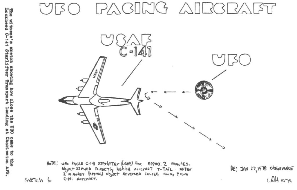 Dessin de l’observation du 22 janvier 1978. Le disque volant a volé pendant 2 minutes en direction de l’avion C-141 puis a inversé son sens de parcours.