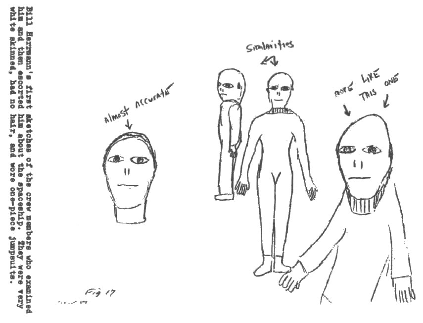 Voici les différents croquis réalisés par William Herrmann alors qu’il essayait de déterminer lequel était le plus fidèle à ce qu’il avait vu (il les a légendés). Être de Zeta Reticuli.
