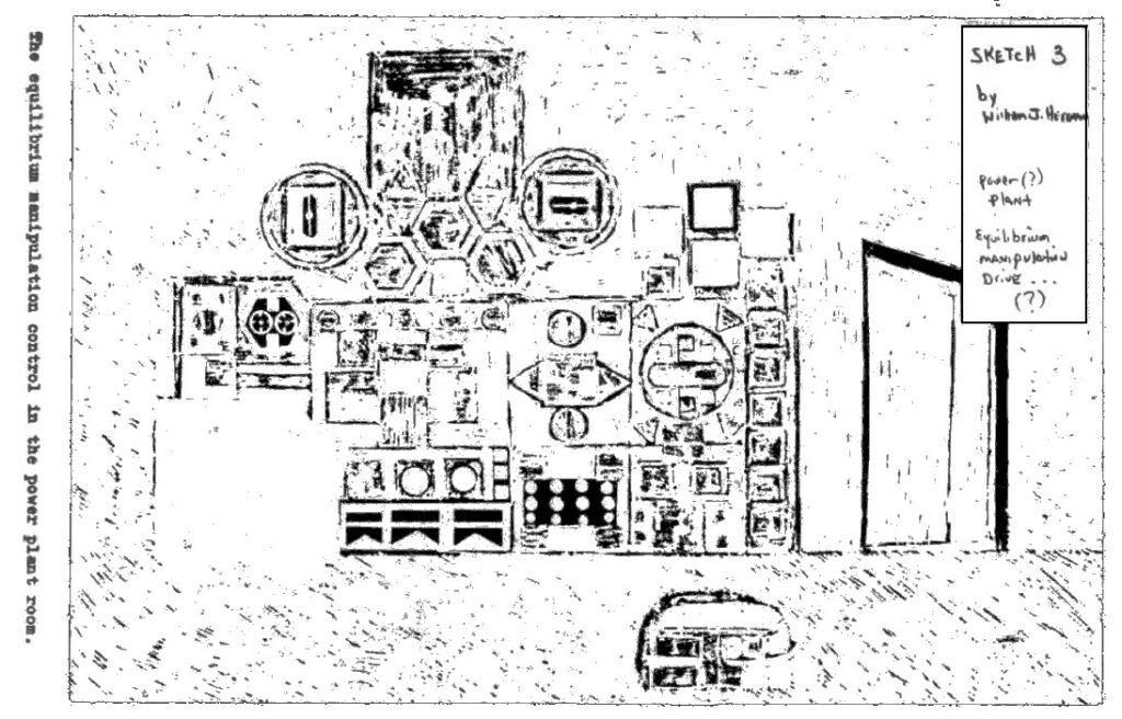 Autre dessin fait par Bill Herrmann dans son livre, représentant le système de contrôle de la manipulation d’équilibre, situé dans la pièce d’alimentation du vaisseau.