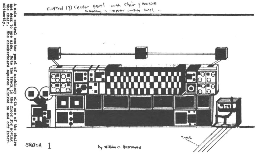 Dessin fait par Bill Herrmann dans son livre, représentant le panneau du centre de contrôle avec une chaise au bout.