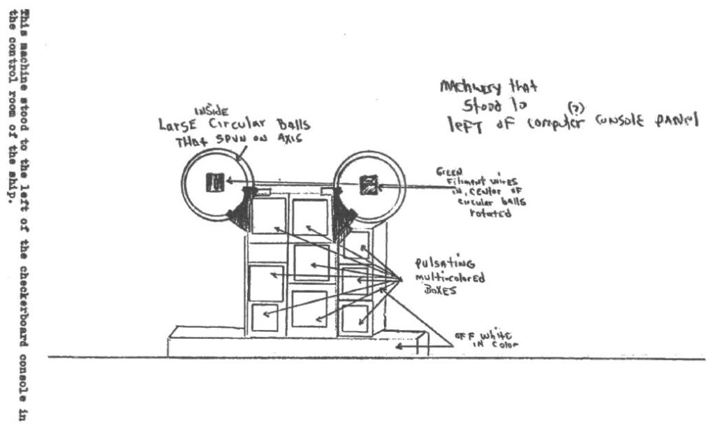 Dessin fait par Bill Herrmann dans son livre, représentant le détail de la machine située sur la gauche du panneau du centre de contrôle précédent.