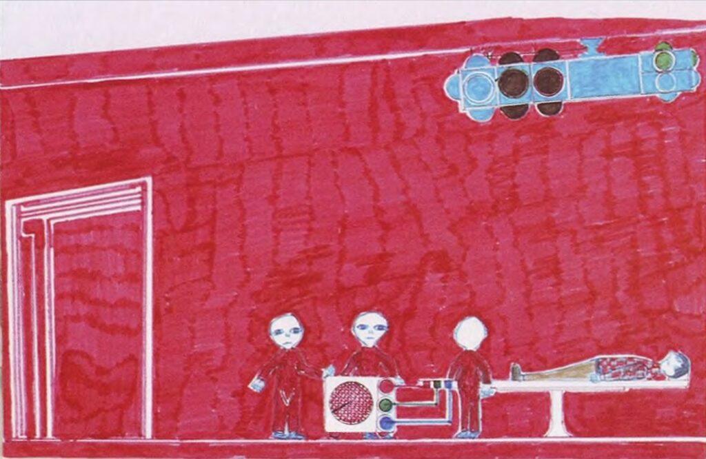 Dessin du premier livre. La table d'examen dans la salle d'inculcation à l'intérieur du vaisseau spatial de Zeta Reticuli. Le dispositif d'inculcation est la barre de lumières au plafond. Une boîte sur « roulettes » reliée à la table contrôle le système d'inculcation.