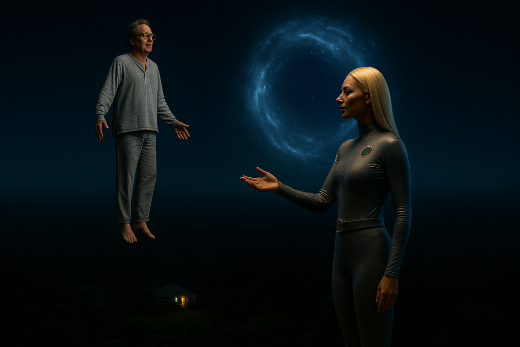 Illustration fictive par IA : Michel Desmarquet est dans les airs, soulevé mystérieusement du sol et Thao lui apparaît, ainsi qu'une déformation de l'environnement visuel qui est un sas d'entrée vers une autre dimension.
