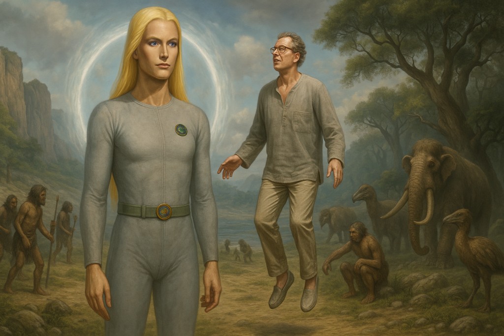Illustration fictive par IA : Michel Desmarquet arrive avec Thao dans un nouvel environnement qui apparaît autour d'eux, c'est une dimension parallèle, celle où vont les êtres qui disparaissent dans le triangle des Bermudes ou existent des anomalies qui interconnectent les deux dimensions.