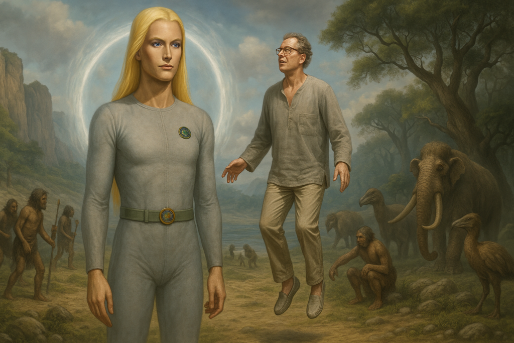 Illustration fictive par IA : Michel Desmarquet arrive avec Thao dans un nouvel environnement qui apparaît autour d'eux, c'est une dimension parallèle, celle où vont les êtres qui disparaissent dans le triangle des Bermudes ou existent des anomalies qui interconnectent les deux dimensions.