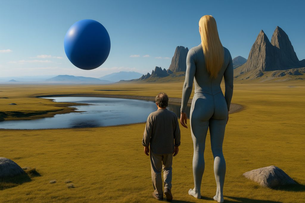 Illustration fictive par IA : Michel Desmarquet est guide par Thao dans cet univers parallèle vers l'Alatora, leur vaisseau en forme de sphère bleue, qui attend en suspension dans les airs.