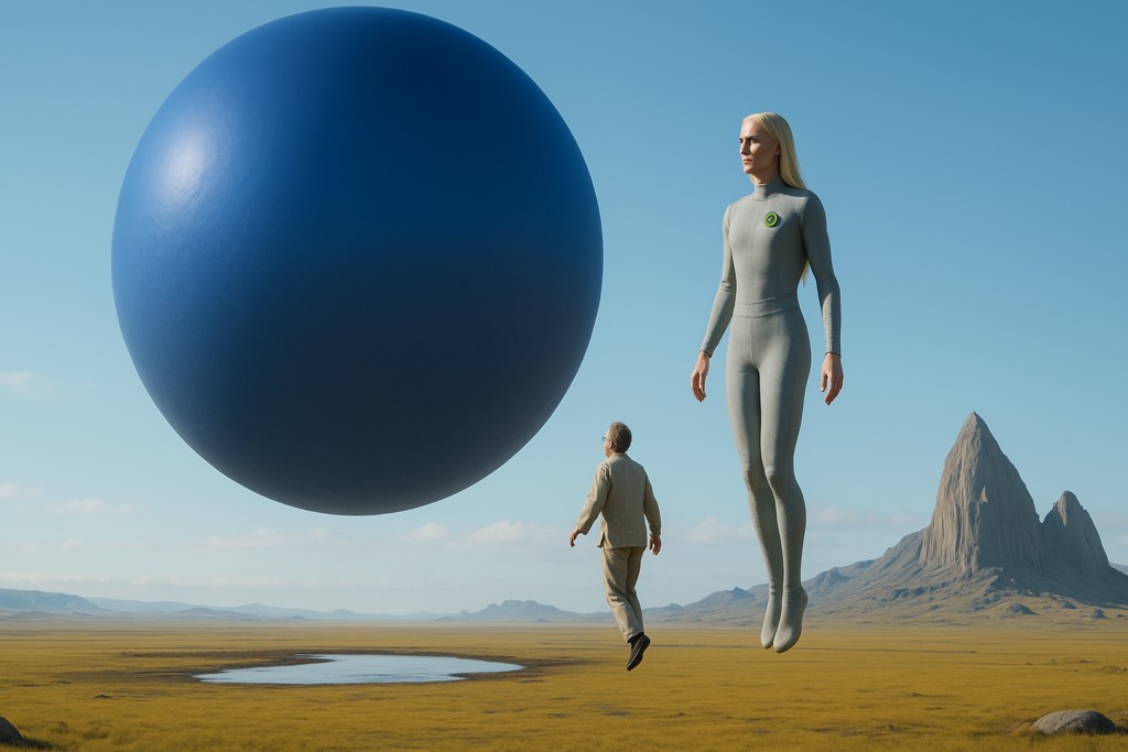 Illustration fictive par IA : Thao active un dispositif à antigravité par le médaillon porté sur sa combinaison et elle et Michel Desmarquet s'envolent vers le vaisseau jusqu'à un sas d'entrée qui apparaît sur sa surface et se referme derrière.