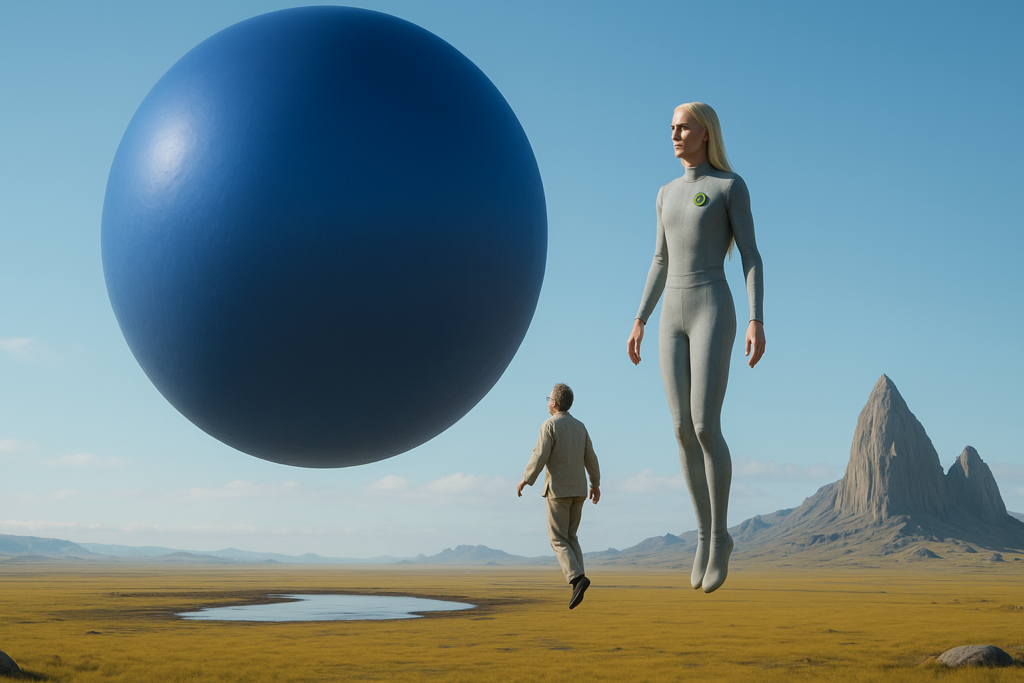 Illustration fictive par IA : Thao active un dispositif à antigravité par le médaillon porté sur sa combinaison et elle et Michel Desmarquet s'envolent vers le vaisseau jusqu'à un sas d'entrée qui apparaît sur sa surface et se referme derrière.