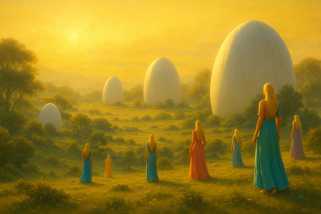 Illustration fictive par IA : Michel voit l vie sur Thiaoouba, des habitations en forme d'oeuf en partie caché dans le sol (les Dokos) et des habitants resemblant à Thao et l'équipage, mais en robes colorées.