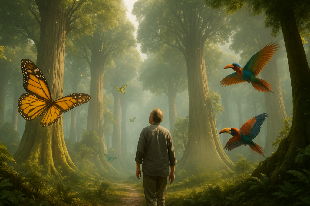 Illustration fictive par IA : Michel est dans la forêt d'arbres géants sur Thiaaouba.