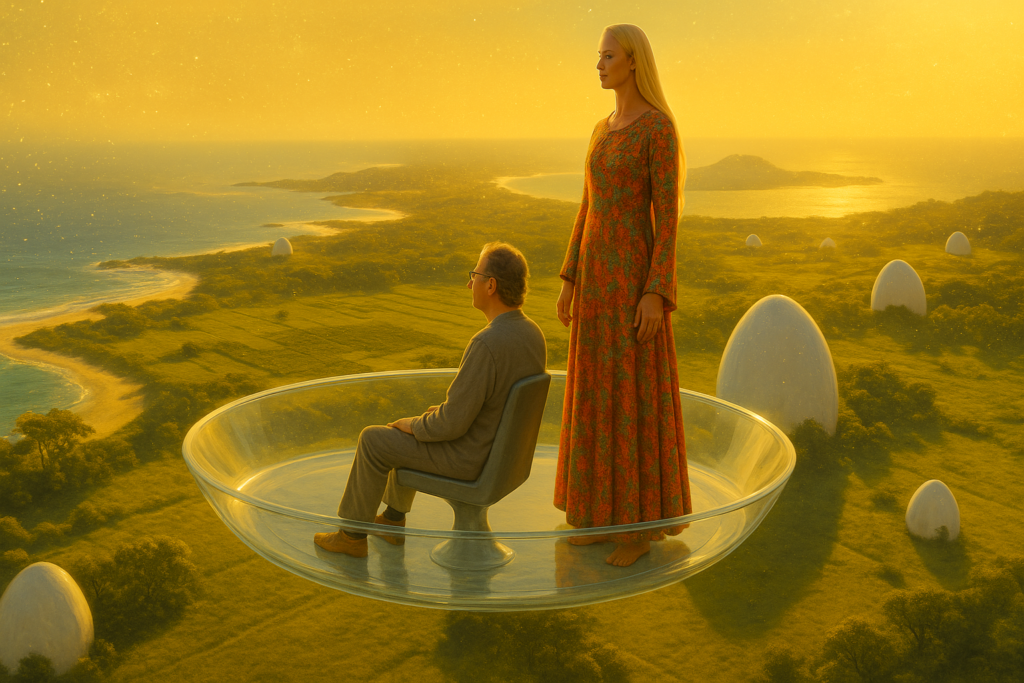 Illustration fictive par IA : Michel et Thao sont en survol du paysage dans la plate-forme volante, sur Thiaaouba.