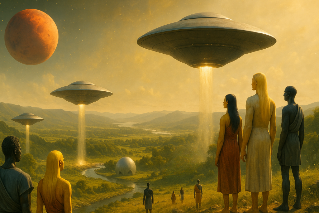Illustration fictive par IA : émigration des habitants de Bakaratini qui évacuent leur monde mourant par leur faute, pour aller vers la Terre.