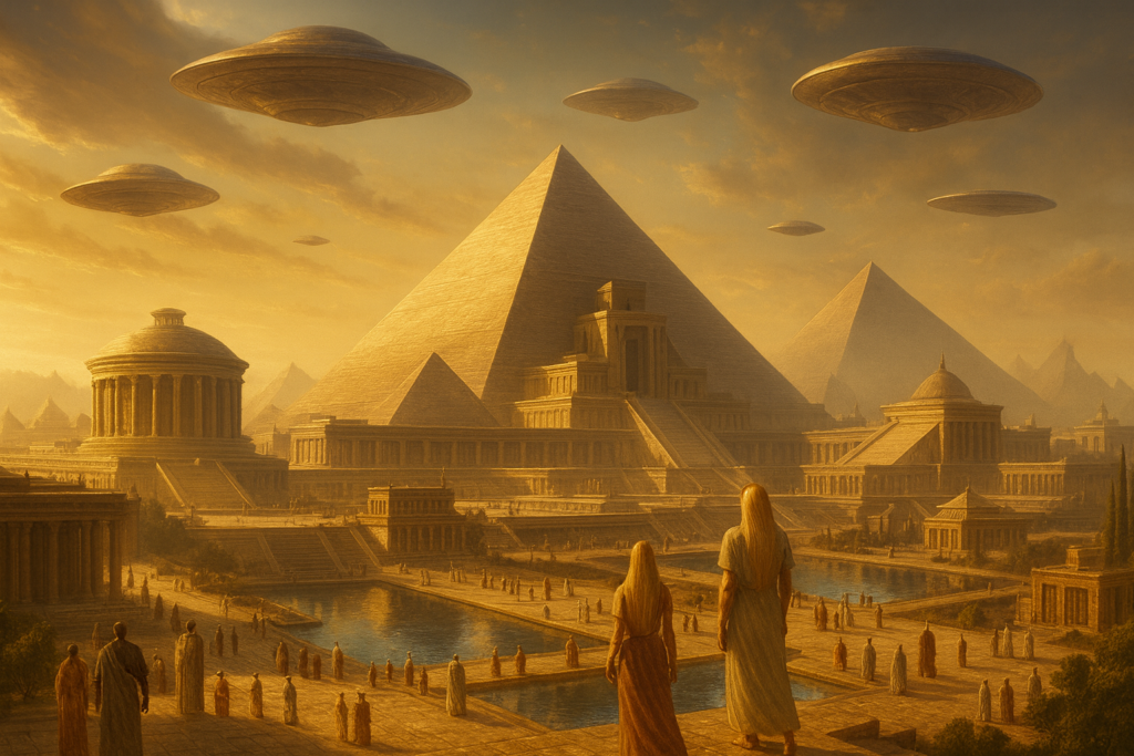 Illustration fictive par IA de la civilisation de Mu, avec des pyramides, et de la technologie à antigravité.