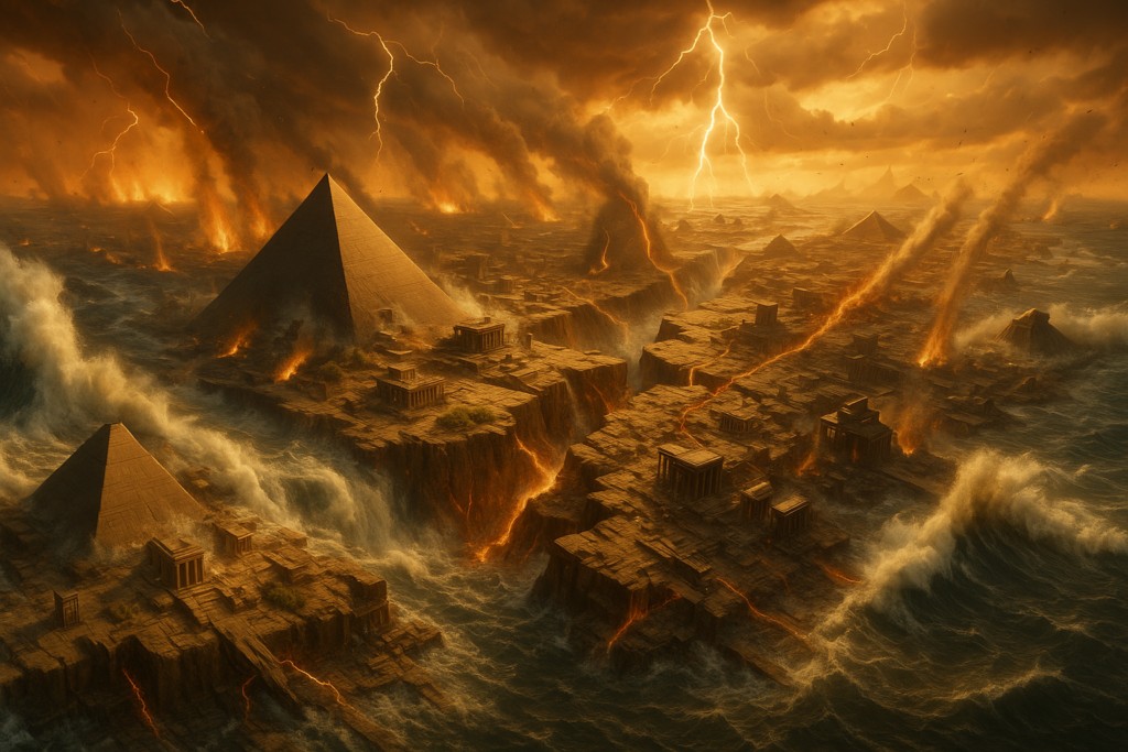 Illustration fictive par IA de l'engloutissement de Mu dans les eaux.