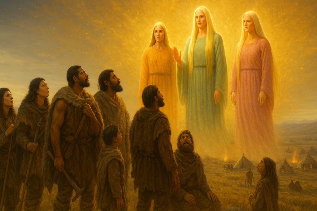 Illustration fictive par IA : les descendants de Hebra, les hébreux, ayant oublié leurs origines et la technologie de leurs ancêtres, sont guidés par des gens de Thiaoouba se faisant passer pour Dieu "Yehovah".