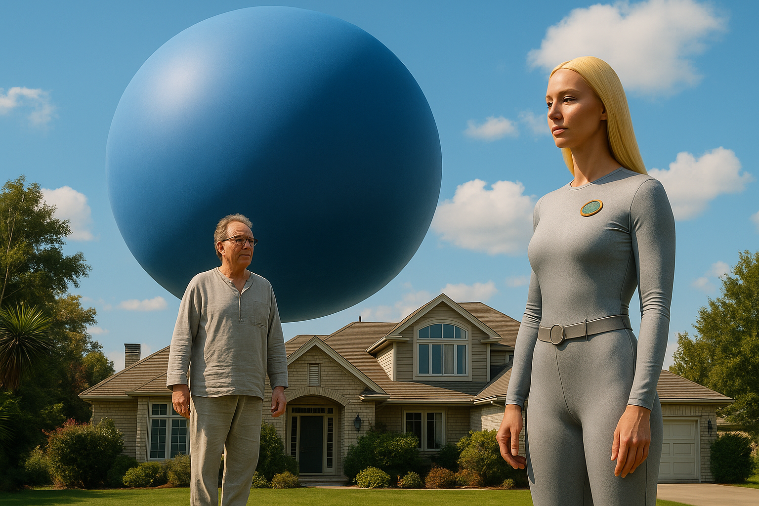 Illustration fictive par IA du vaisseau spatial de Thiaoouba en forme de sphère parfaite de couleur bleue avec une représentation de Thao et Michel.