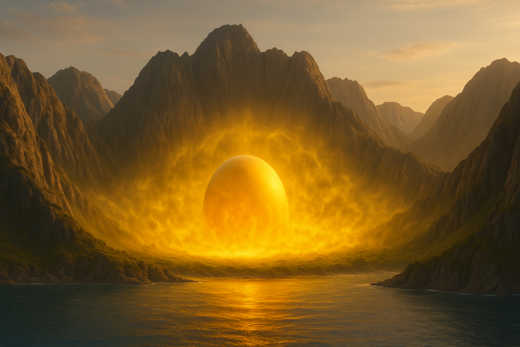 Illustration fictive par IA du Doko d'Or entouré de la chaîne montagneuse, sur l'île au milieu de la mer, sanctuaire où se trouvent les corps en suspension des personnes d'importance des missions spirituelles du passé de divers mondes.