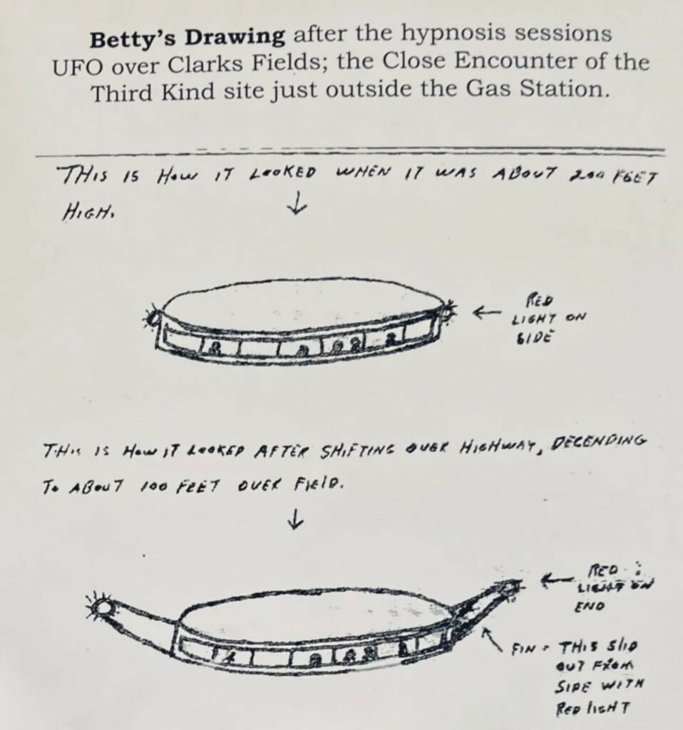 Dessin du vaisseau par Betty Hill, sous hypnose. Apparence de l'appareil volant quand il était en altitude sur le dessin du hait, puis apaprence modifiée lorsqu'il est descendu près de la route où étaient les Hill dans le dessin du bas (quelque chose s'étend depuis l'appareil sur les côtés)