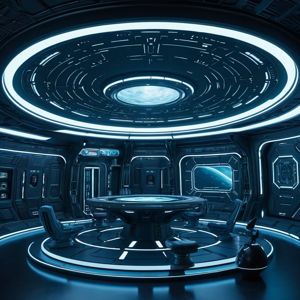 Illustration fictive par IA de l'intérieur du vaisseau dans la salle avec l'écran temporel qui projette le passé et le futur.