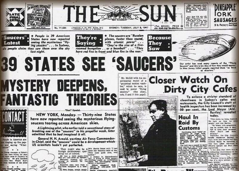 Article du 8 juillet 1947 de « The Sun » reportant l’observation de soucoupes volantes de manière massive à travers 39 états des USA.