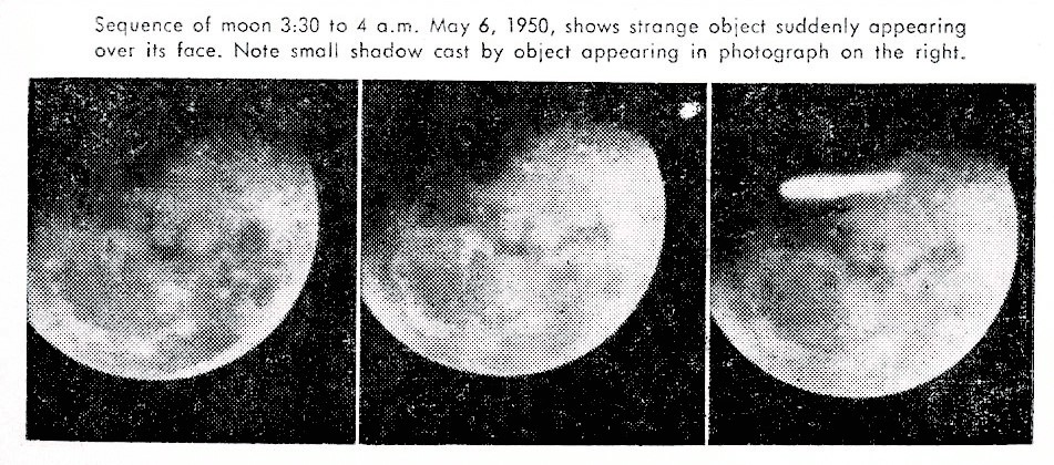 Objets lumineux passant devant la Lune pris en photo par George Adamski le 6 mai 1950 de 3h30 à 4h du matin, publication de FATE Magazine.