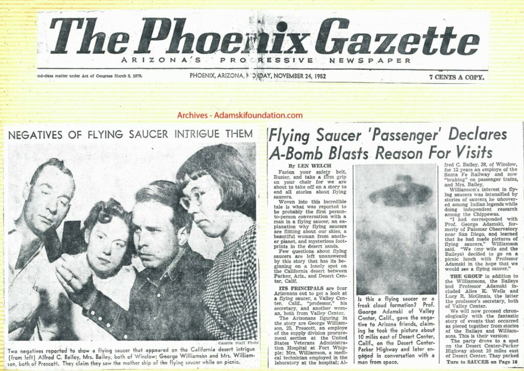 La Gazette de Phoenix avec l’article publié le 24 novembre 1952 basé sur le récit de 4 des témoins fait aux journalistes, en photo sur cette page.