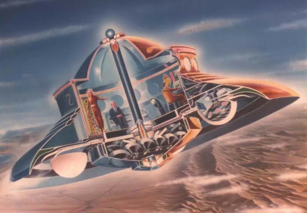 Dessin d’artiste de la schématique d’une vue en coupe partielle de la soucoupe Vénusienne avec Adamski ; Orthon et un autre visiteur de l’espace dedans.