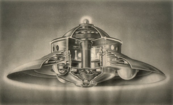 Autre dessin d’artiste d’une vue interne en coupe de la soucoupe Vénusienne, avec des êtres à bord, moins respectueuse de le schématique originale.