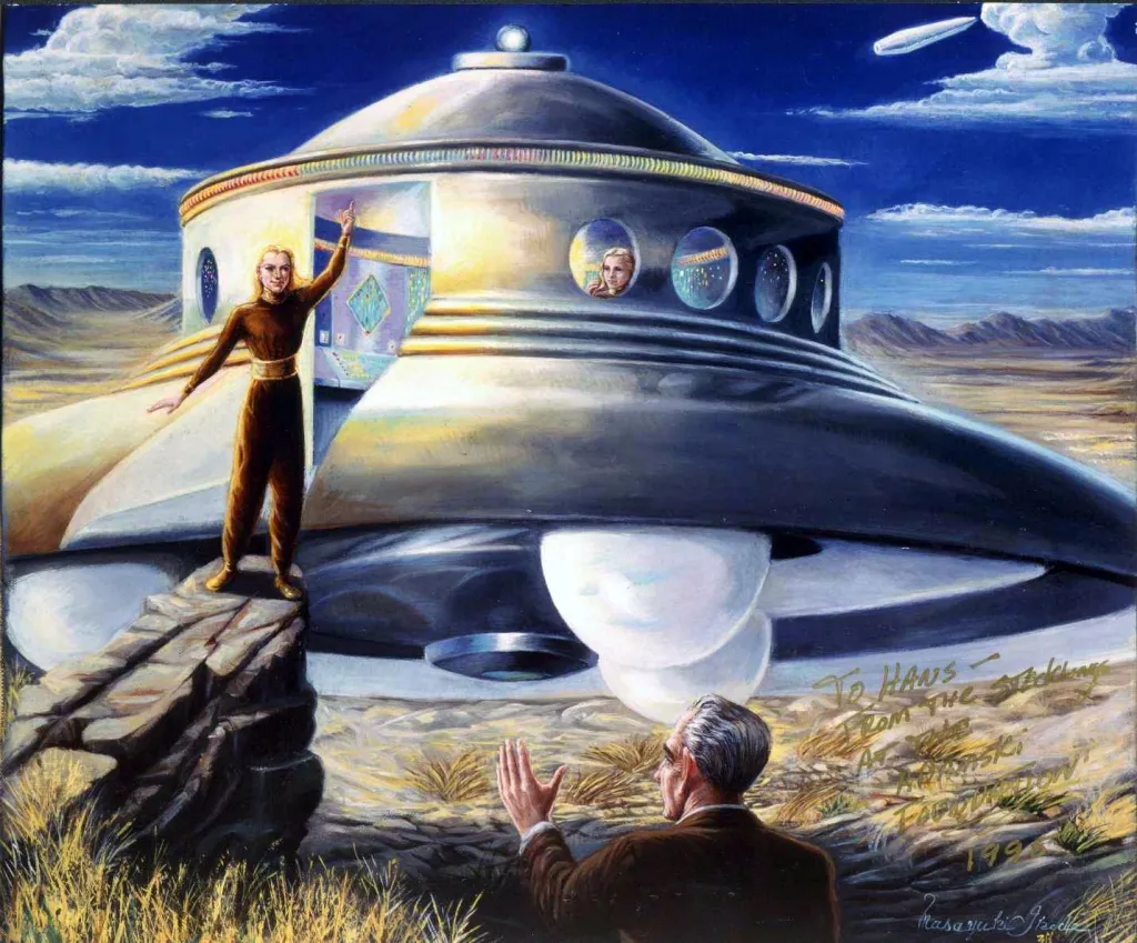 Image d’artiste de la rencontre d’Adamski avec Orthon et son vaisseau, au moment du départ.