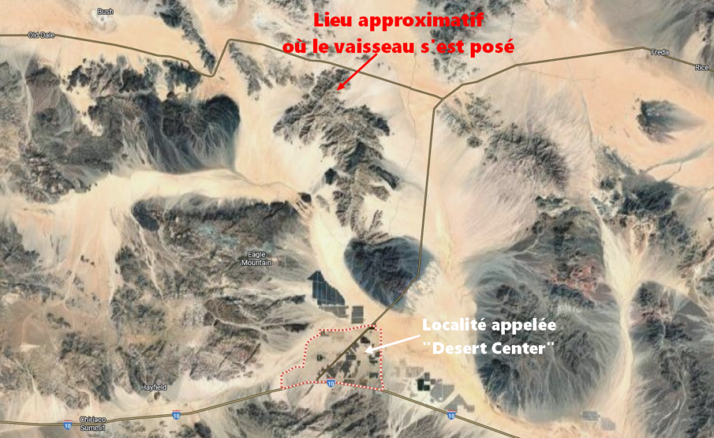 Localisation approximative du lieu où la soucoupe (vaisseau éclaireur) atterrira dans le mont Coxcomb (ou plutôt restera près du sol en lévitation suspendue), près de Desert Centrer, photographiée de loin par George Adamski.