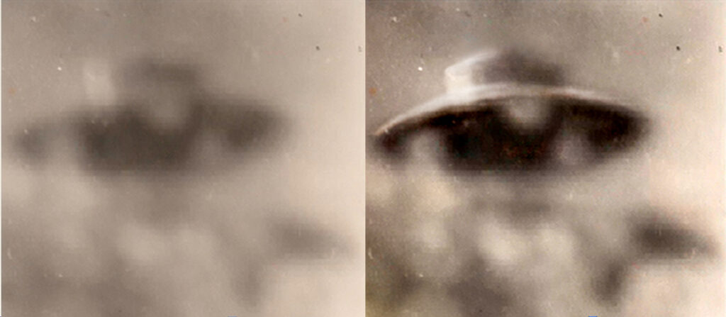 Amélioration de l’une des deux photos restantes de la série de sept prises au télescope montre clairement le champ circulaire de l’instrument dans les coins inférieurs. Prises vers 14 h par Adamski à travers son télescope portatif de 6 pouces monté sur trépied. Le vaisseau se trouvait alors à environ 800 mètres de distance. Publiée par The Phoenix Gazette quatre jours après les faits, elle fut développée par le journal, ce qui signifie qu’Adamski ignorait ce que révélerait exactement le cliché — un détail qui complique l’hypothèse d’une simple supercherie. Selon des enregistrements audio, Adamski affirma avoir donné le chargeur contenant le négatif à Williamson comme simple souvenir, et n’avoir appris que plus tard que le Phoenix Gazette l’avait développé, après que Williamson et trois autres témoins eurent déjà relaté l’événement. Le négatif, propriété de Williamson, n’a pas été retrouvé dans ses archives. L’image connue provient d’une photocopie conservée dans ses dossiers personnels.