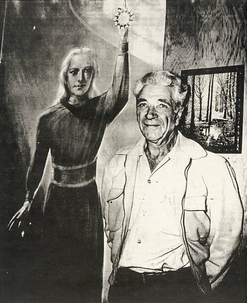 George Adamski pris en photo avec la peinture sur pied de l’être de l’espace (qu’il saura s’appeler Orthon lors d’une autre rencontre) de la rencontre du 20 novembre 1952 près de Coxcomb Mountain, à Desert Center.