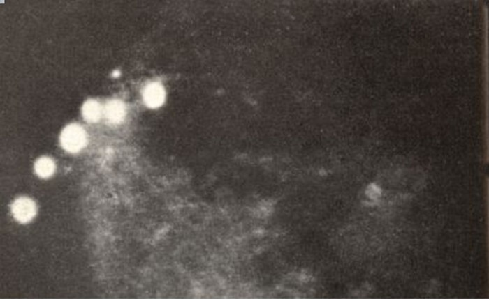 Vaisseaux spatiaux près de la Lune, photo de George Adamski, le 29 mai 1950, photographiée à travers un télescope, à Palomar Gardens.