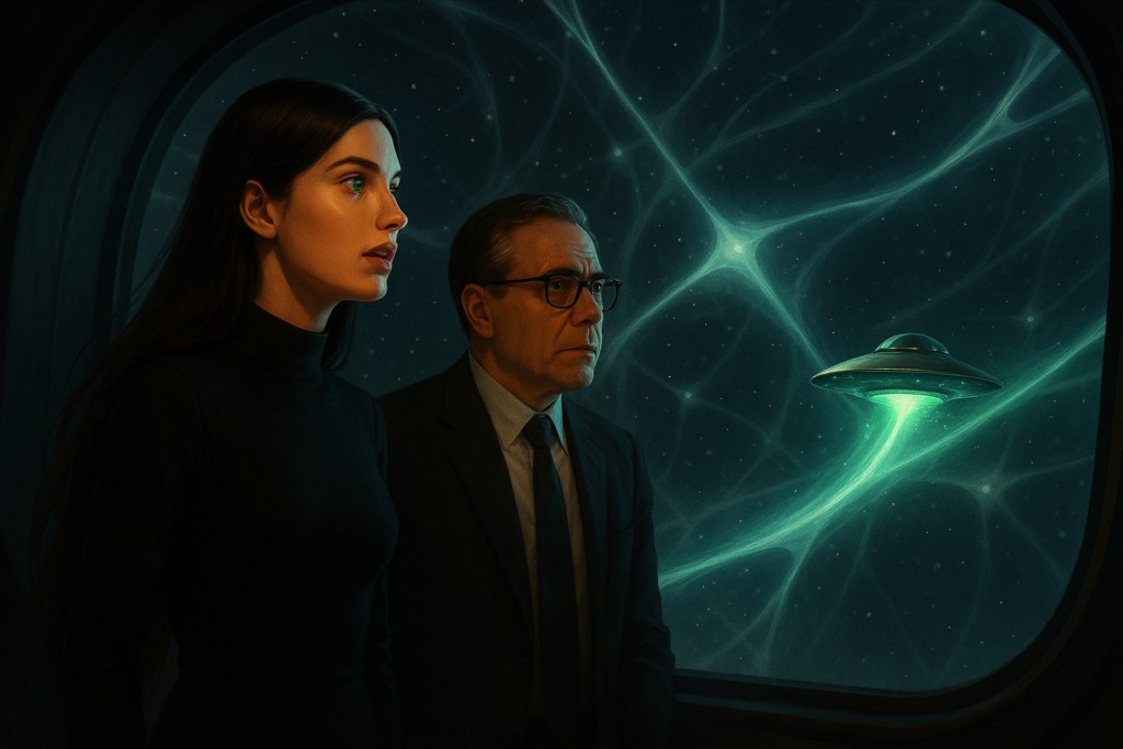 Image illustrative générée par IA : Lya explique au professeur le réseau d'énergies qui interconnecte les planètes et étoiles dans l'espace, que leurs vaisseaux empruntent.