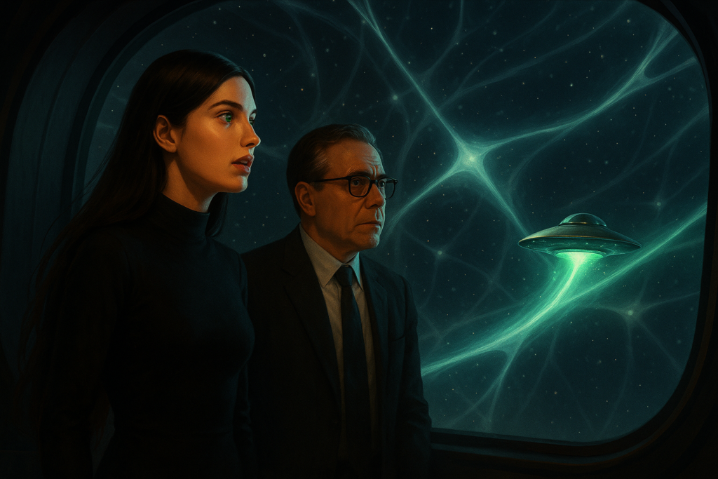 Image illustrative générée par IA : Lya explique au professeur le réseau d'énergies qui interconnecte les planètes et étoiles dans l'espace, que leurs vaisseaux empruntent.