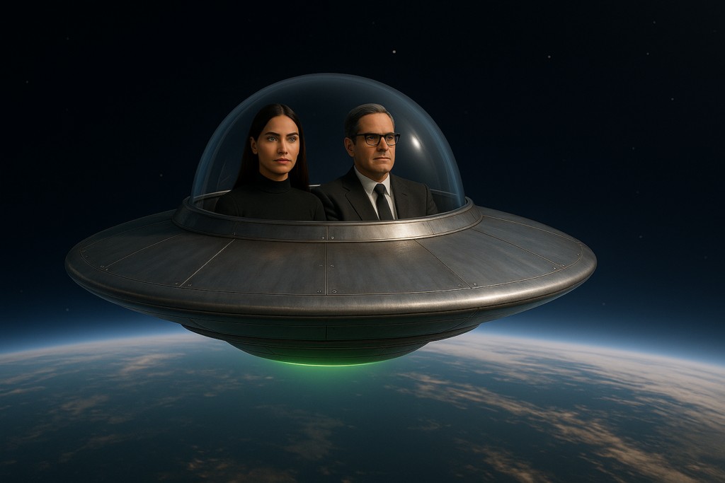 Image illustrative générée par IA : Lya et le professeur Hernandez sont dans le petit vaisseau d'exploration de Lya et voient la Terre depuis une orbite, par le dôme.