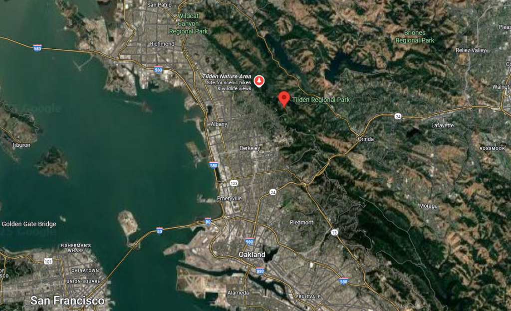Zoom sur la région de Tilden Regional Park, USA. Là où le contact avec des personnes d'Élyseum a eu lieu.