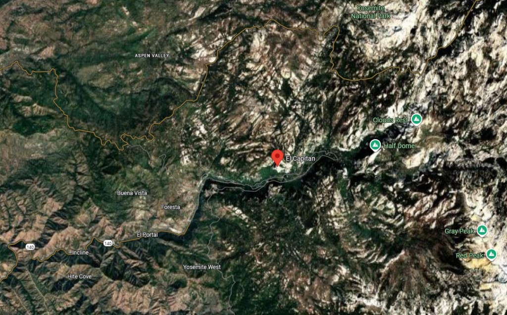 Zoom sur la région de Yosemite National Park, près de El Capitan, USA. Zone de départ en vaisseau du peuple d'Élyseum.