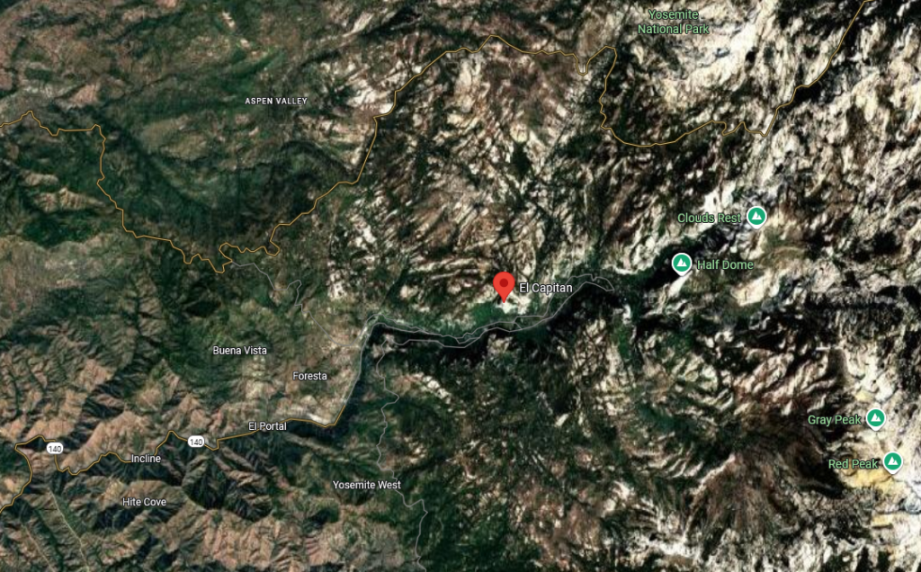 Zoom sur la région de Yosemite National Park, près de El Capitan, USA. Zone de départ en vaisseau du peuple d'Élyseum.