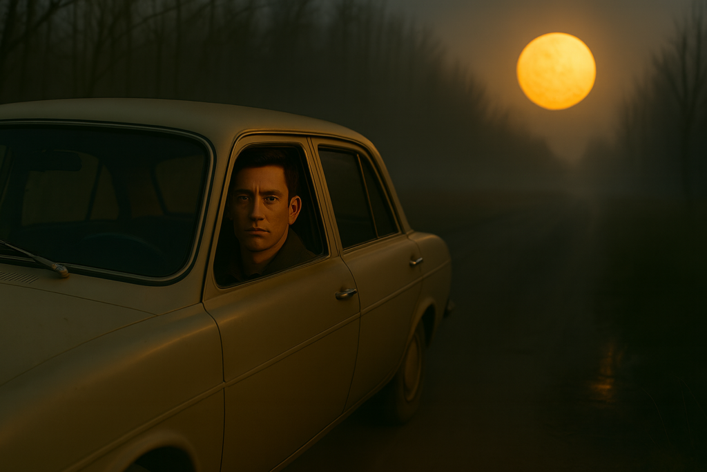 Illustration générée par IA, Lloyd Zirbes dans sa voiture, la position de la Lune n'est pas correcte dans le ciel et cela l'étonne.