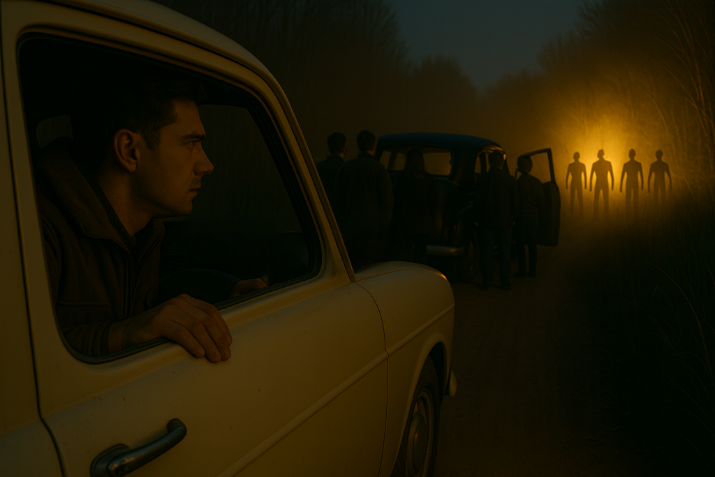 Illustration générée par IA, Lloyd Zirbes voit que ce qu'il prenait pour un feu est une lumière vive et il voit des silhouettes entre cette lumière et une voiture garée.