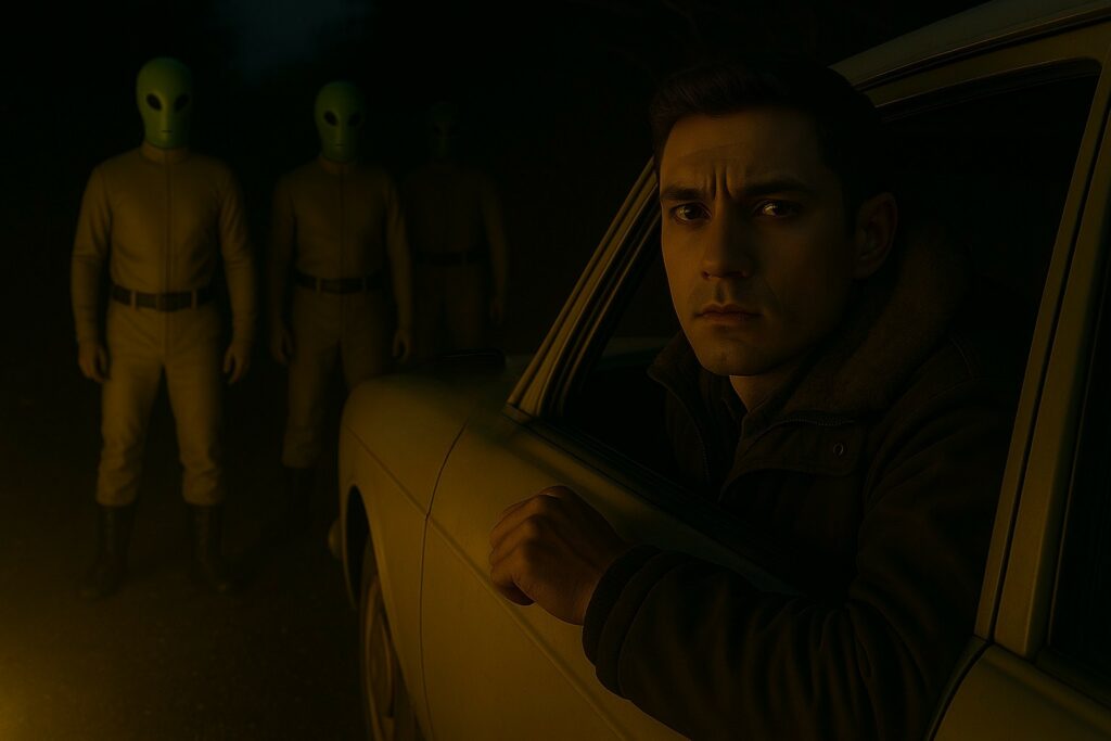 Illustration générée par IA, Lloyd Zirbes voit les êtres en combinaison avec gants et bottes et les masques faciaux verts, avec du matériel et arme en ceinturon.